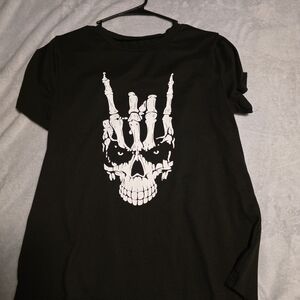 Black T-Shirt with Skull and Skeleton Hand Design